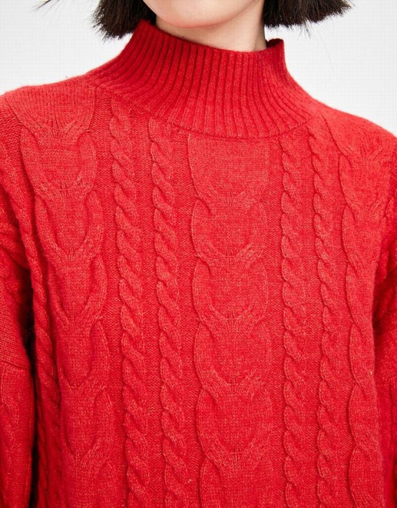 Red Urban Revivo High Neck Cable Knit Holiday Women's Sweaters | 18423PLYX