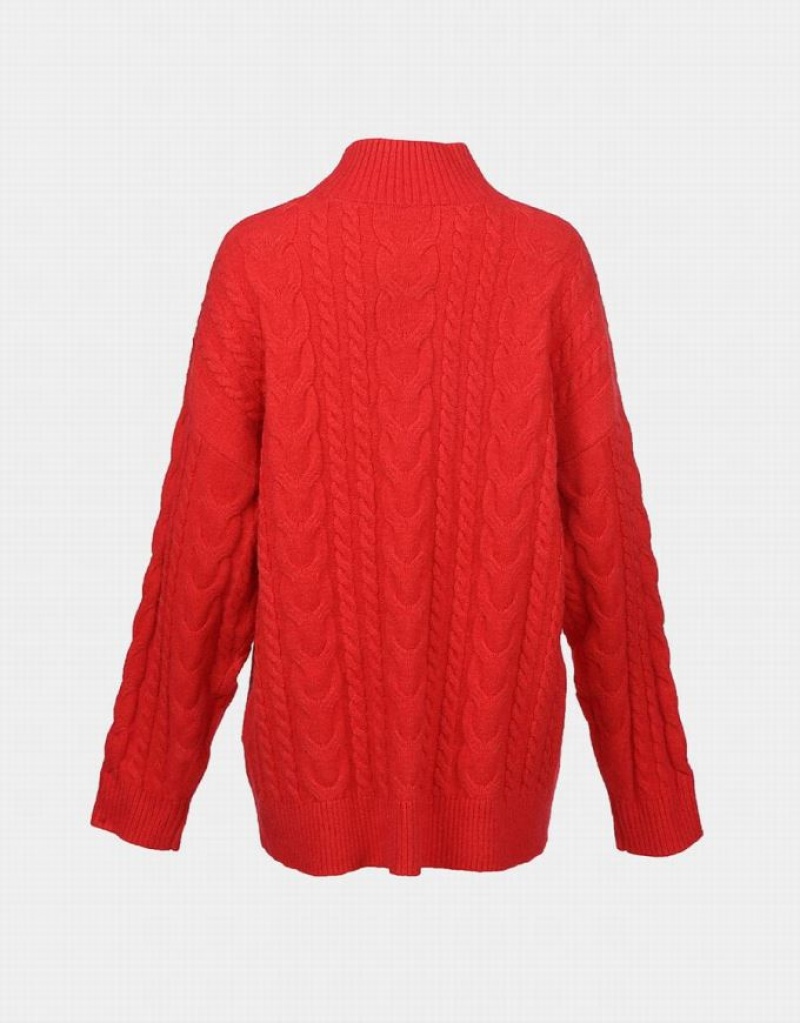 Red Urban Revivo High Neck Cable Knit Holiday Women's Sweaters | 18423PLYX