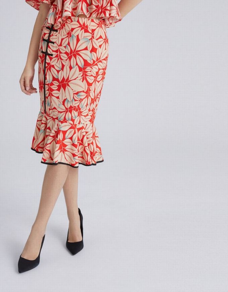 Red Urban Revivo Leaves Print Frog Button Fishtail Women's Skirts | 97140DLQB