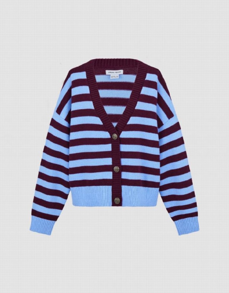 Red Urban Revivo Striped V-Neck Knitted Women's Cardigan | 63874KOVF