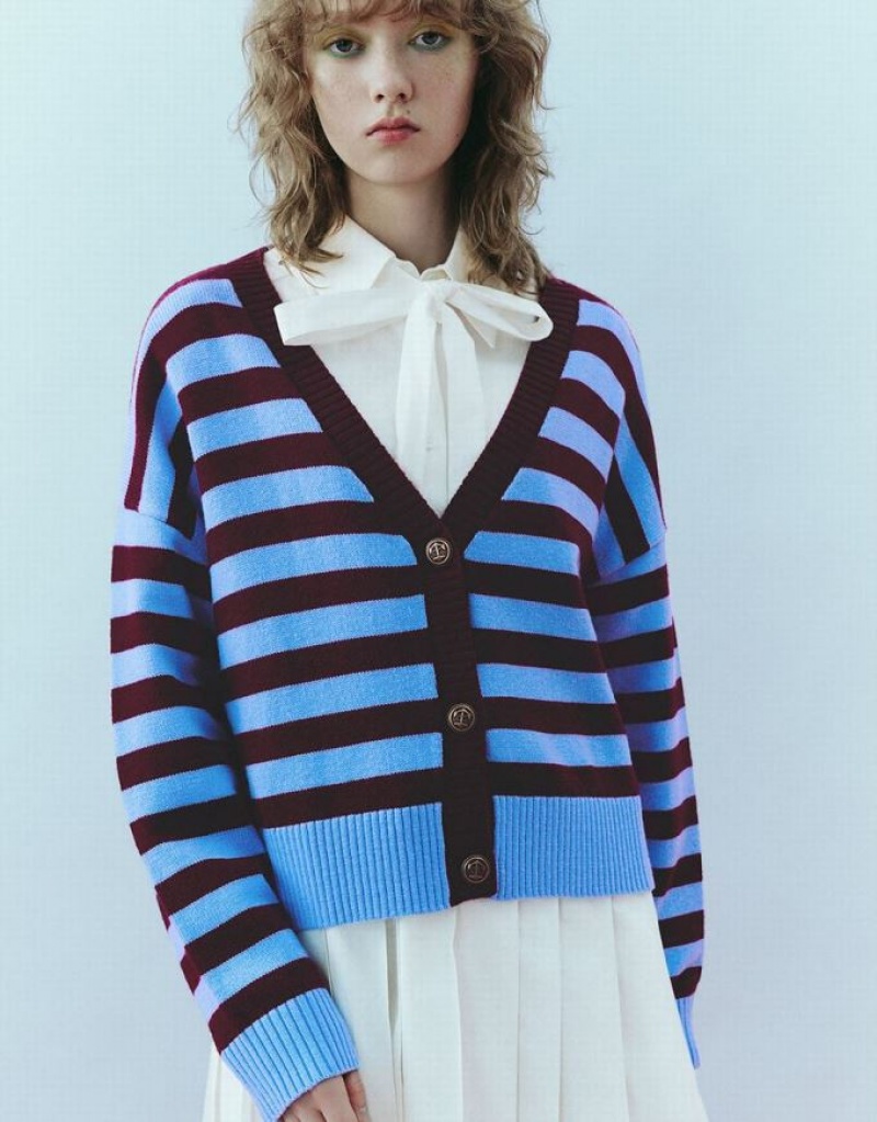 Red Urban Revivo Striped V-Neck Knitted Women's Cardigan | 63874KOVF