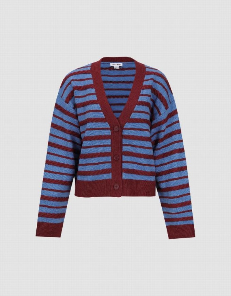 Red Urban Revivo Striped V-Neck Knitted Women's Cardigan | 15809UAFL