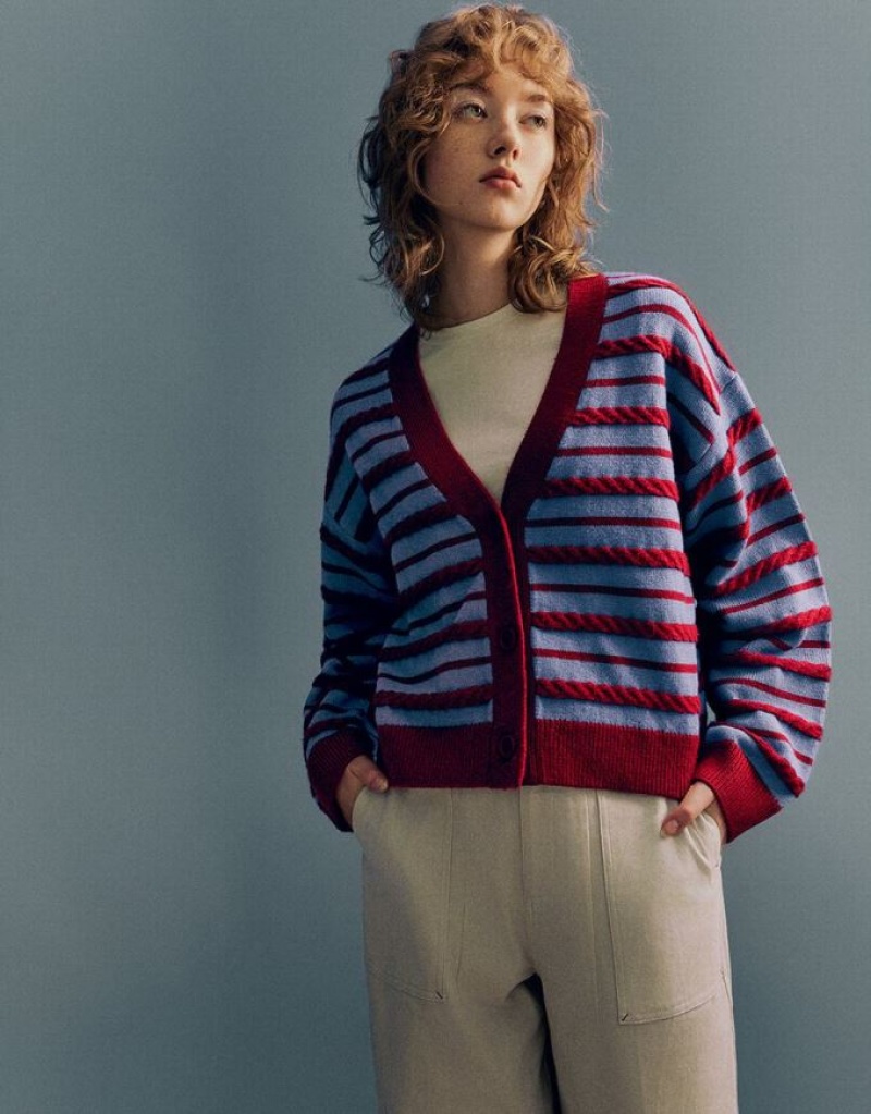 Red Urban Revivo Striped V-Neck Knitted Women's Cardigan | 15809UAFL