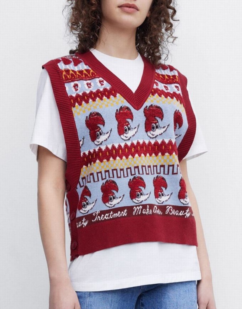 Red Urban Revivo Woody Woodpecker Women's Sweater Vest | 24306NMGF