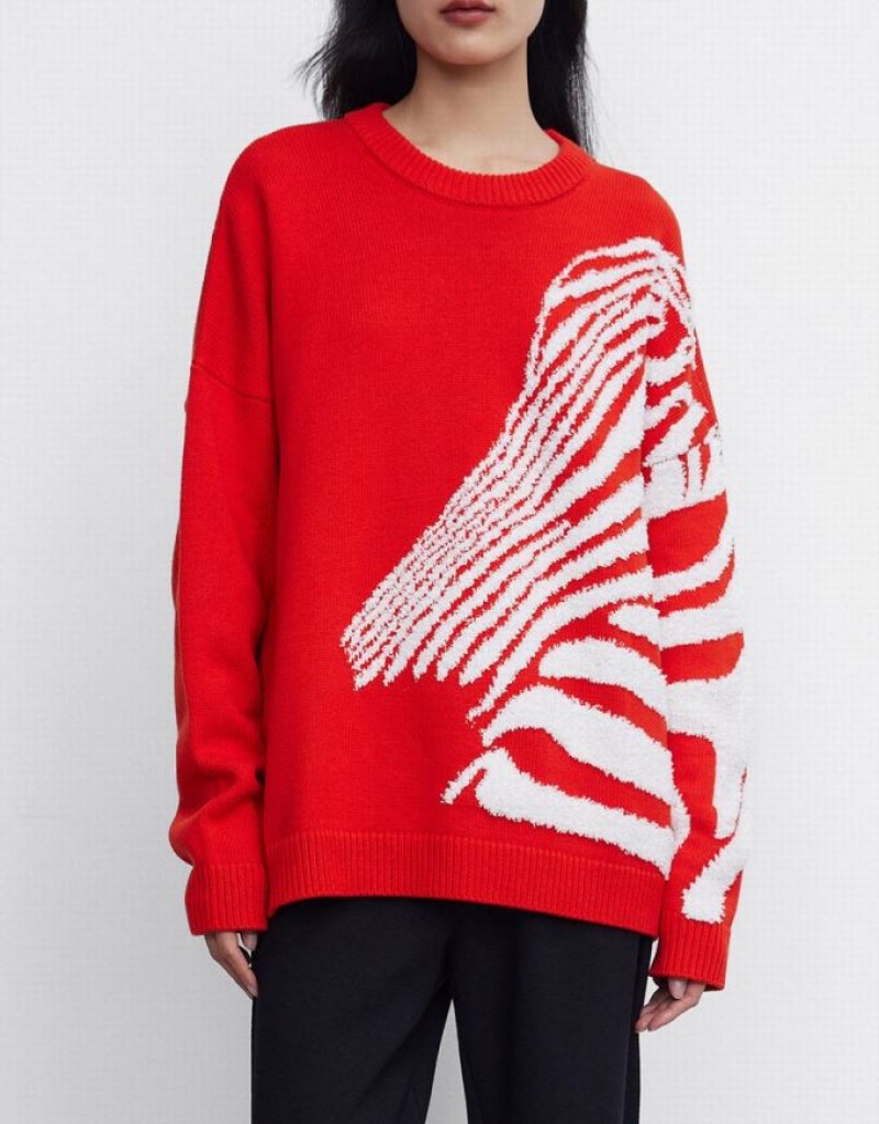 Red Urban Revivo Zebra Striped Crew Neck Women's Sweaters | 04185ZIVW