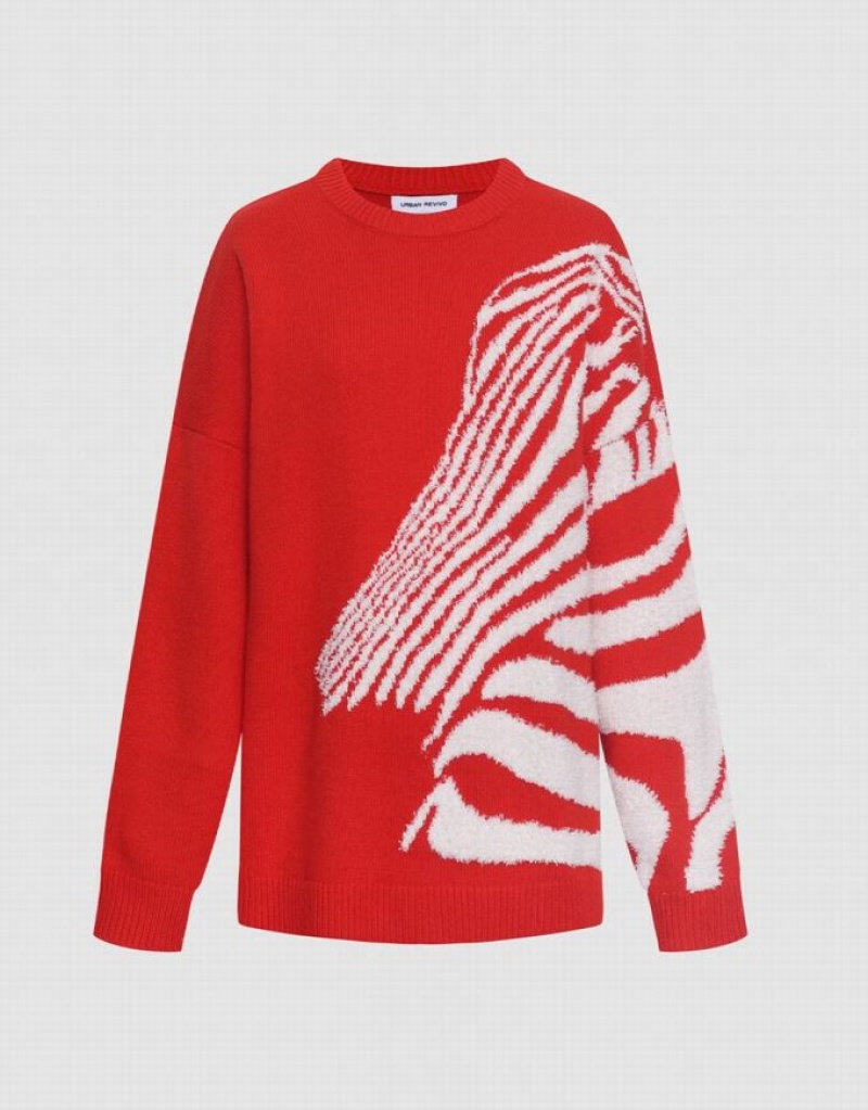 Red Urban Revivo Zebra Striped Crew Neck Women\'s Sweaters | 04185ZIVW