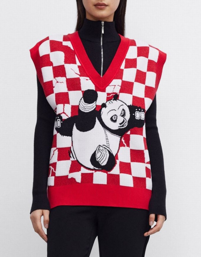 Red / White Urban Revivo Kung Fu Panda Checkered Women's Sweater Vest | 67914EHBP