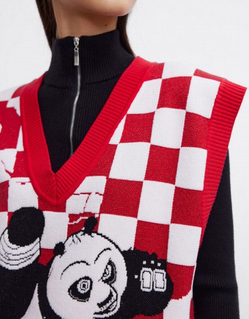 Red / White Urban Revivo Kung Fu Panda Checkered Women's Sweater Vest | 67914EHBP