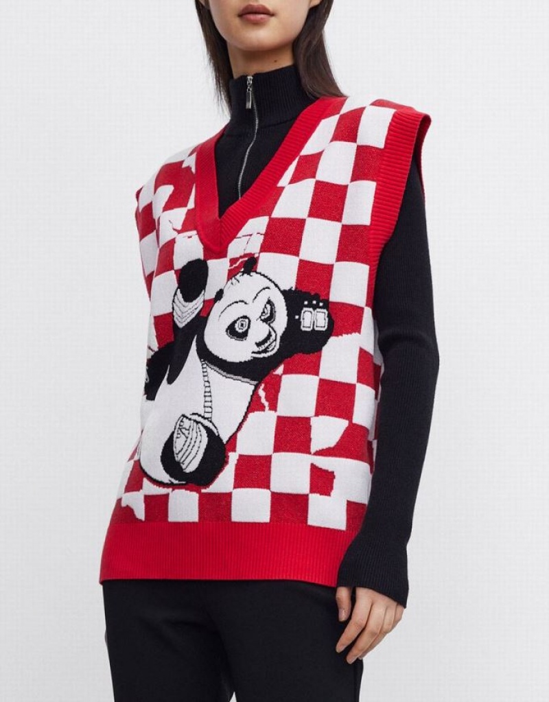 Red / White Urban Revivo Kung Fu Panda Checkered Women's Sweater Vest | 67914EHBP