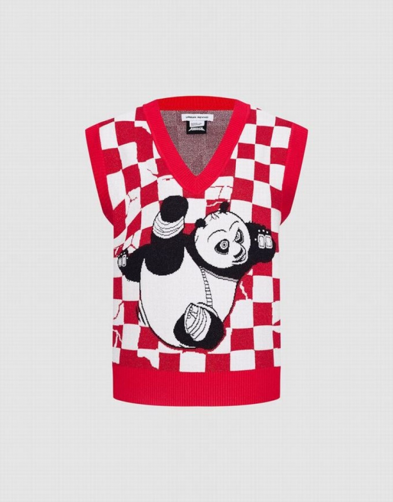 Red / White Urban Revivo Kung Fu Panda Checkered Women\'s Sweater Vest | 67914EHBP