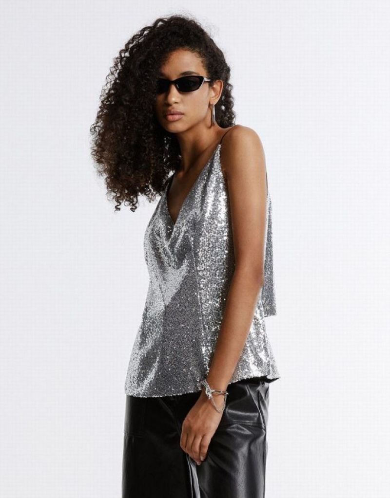 Silver Urban Revivo Cut Out Back Sequin Women's Camisole | 50641EYUW