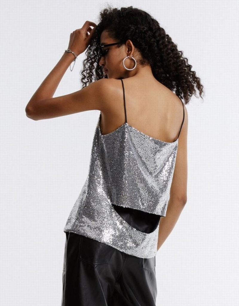 Silver Urban Revivo Cut Out Back Sequin Women's Camisole | 50641EYUW