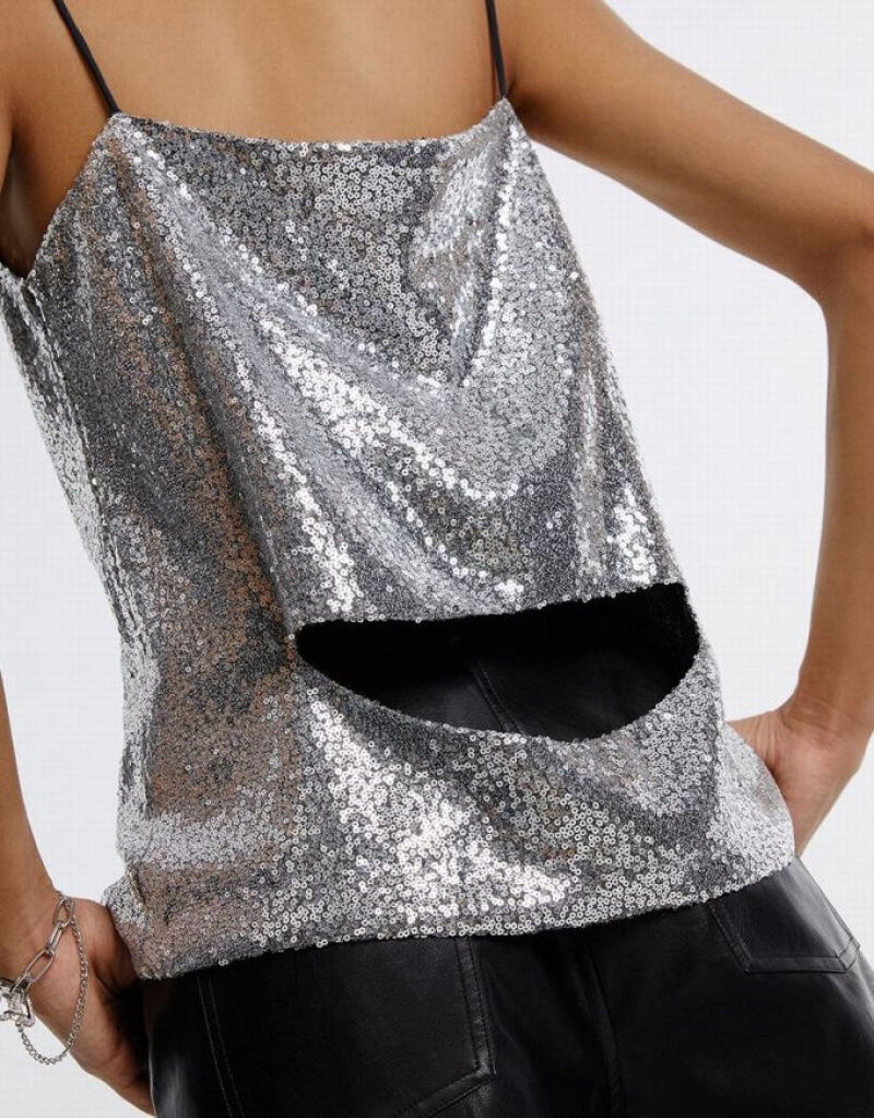 Silver Urban Revivo Cut Out Back Sequin Women's Camisole | 50641EYUW