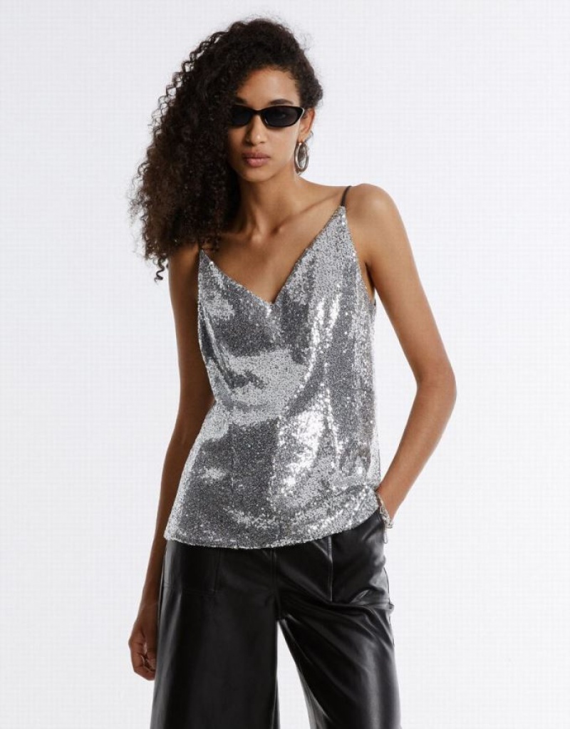 Silver Urban Revivo Cut Out Back Sequin Women\'s Camisole | 50641EYUW