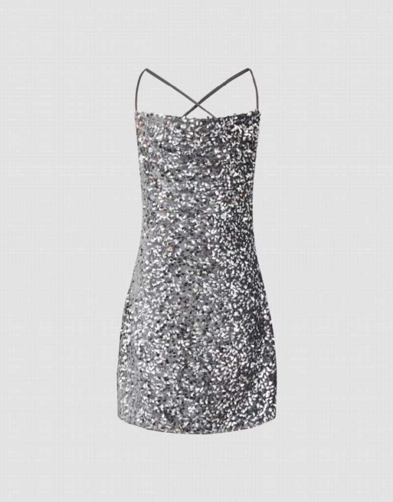 Silver Urban Revivo Sleeveless Cowl Neck Skinny Sequins Women's Dress | 80742SLQF