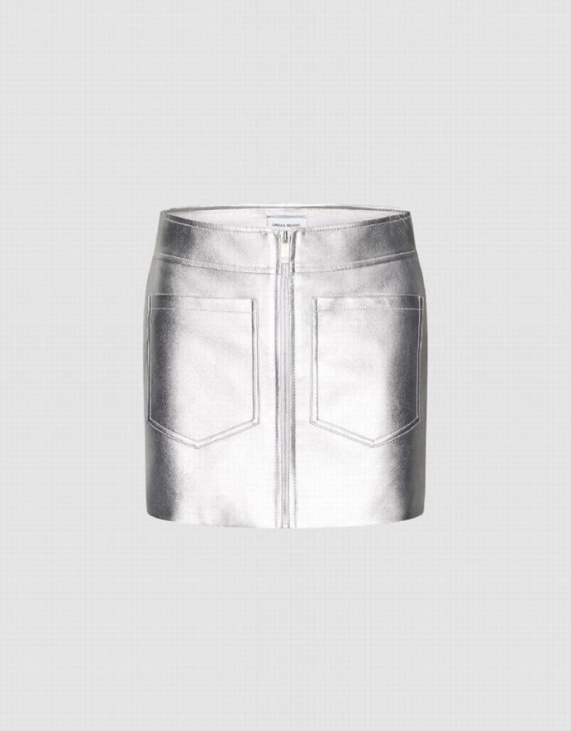 Silver Urban Revivo Vegan Leather Mini A-Line Women\'s Skirts | 01486IUDF