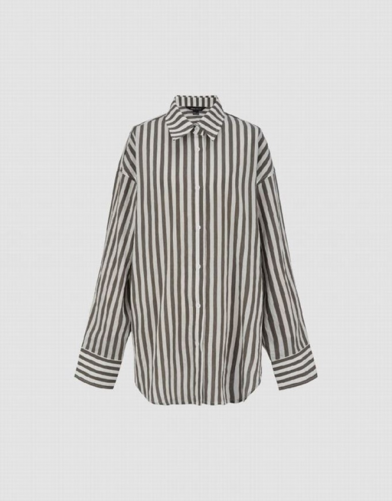 Stripes Urban Revivo Button Up Straight Women's Shirts | 97346ZTQR