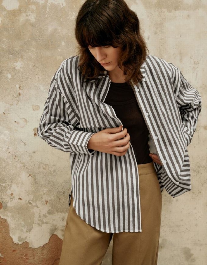 Stripes Urban Revivo Button Up Straight Women's Shirts | 97346ZTQR