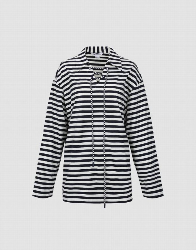 Stripes Urban Revivo Lapel Loose Women's T-Shirts | 31420WJIT