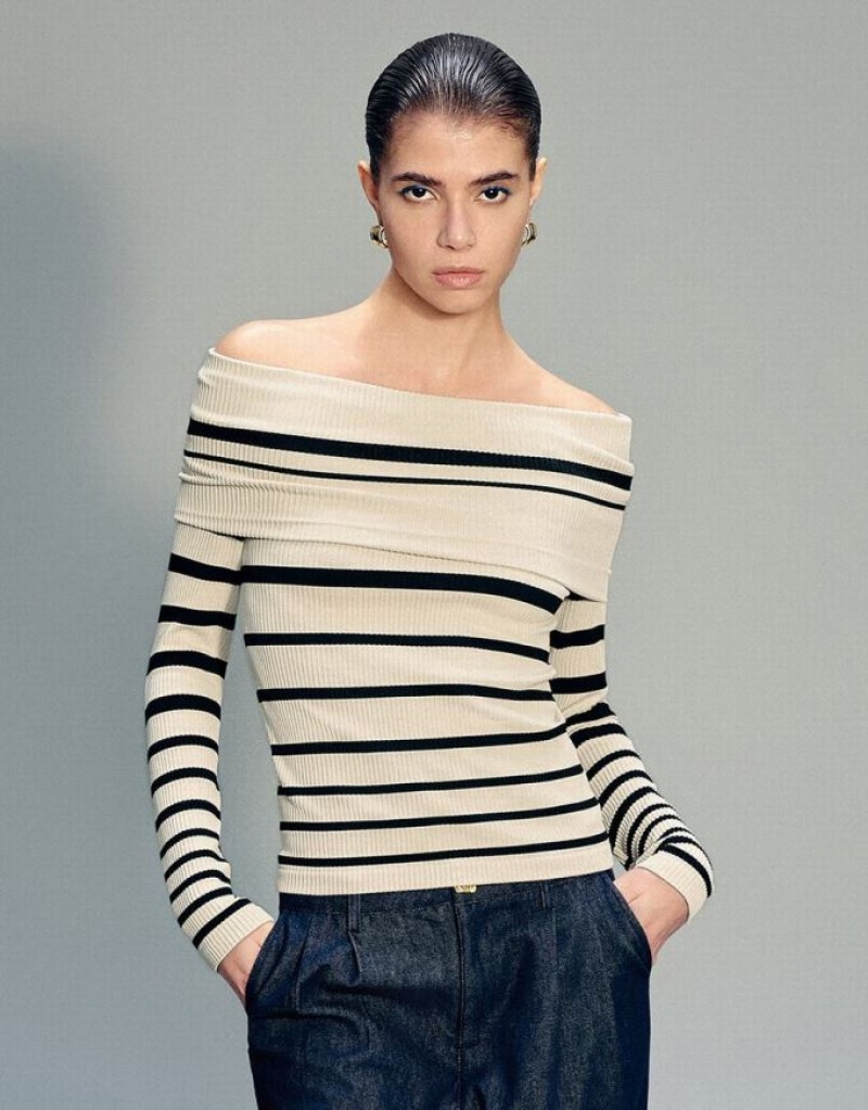 Stripes Urban Revivo Off-Shoulder Skinny Women\'s T-Shirts | 02879IBHS