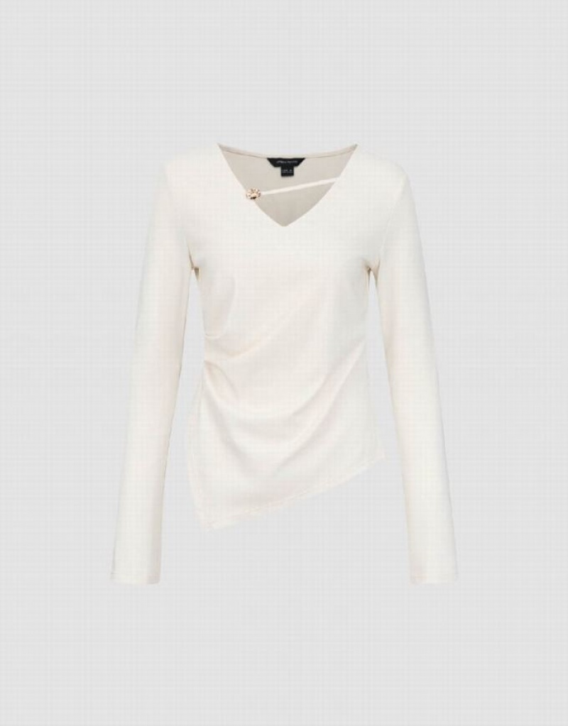 White Urban Revivo Asymmetric V-Neck Skinny Women's T-Shirts | 39047JUZC