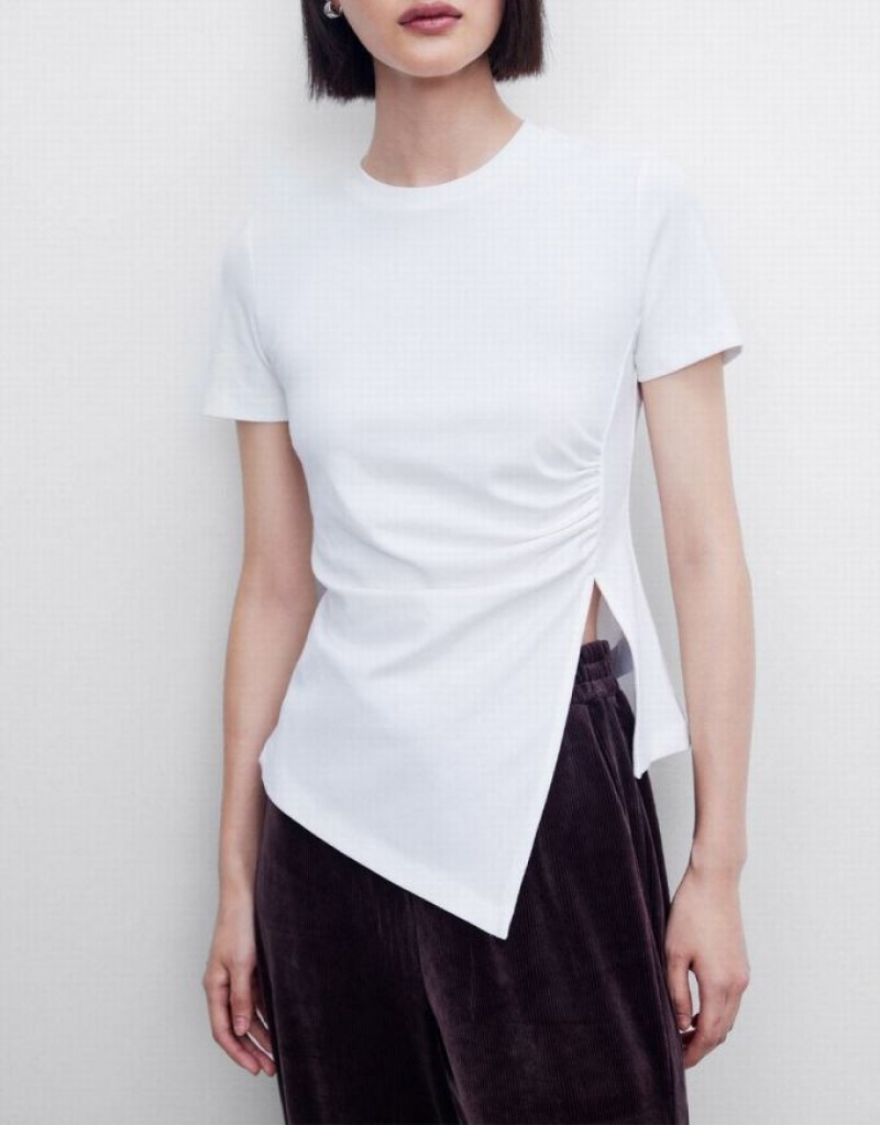 White Urban Revivo Asymmetrical Hem Women's T-Shirts | 46371SAOV