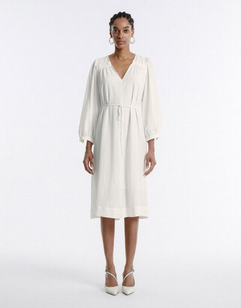 White Urban Revivo Belted Midi Women's Midi Dress | 38214CDBV