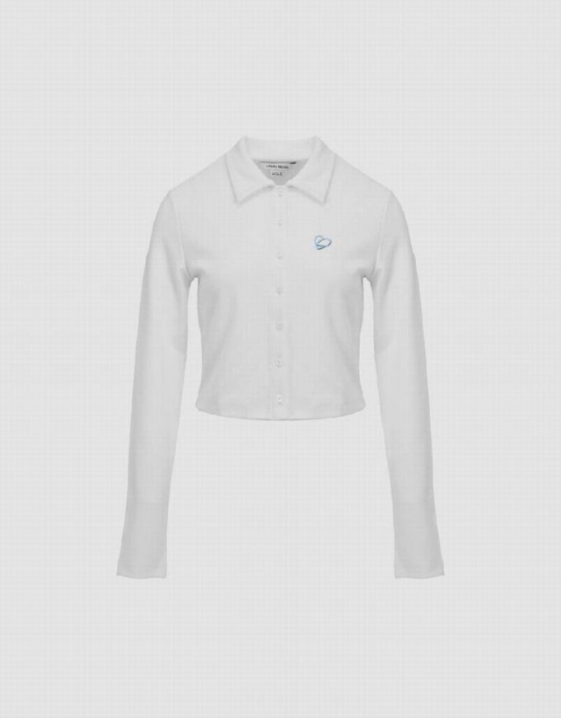 White Urban Revivo Button Up Knitted With Collar Women's T-Shirts | 70532LCMF