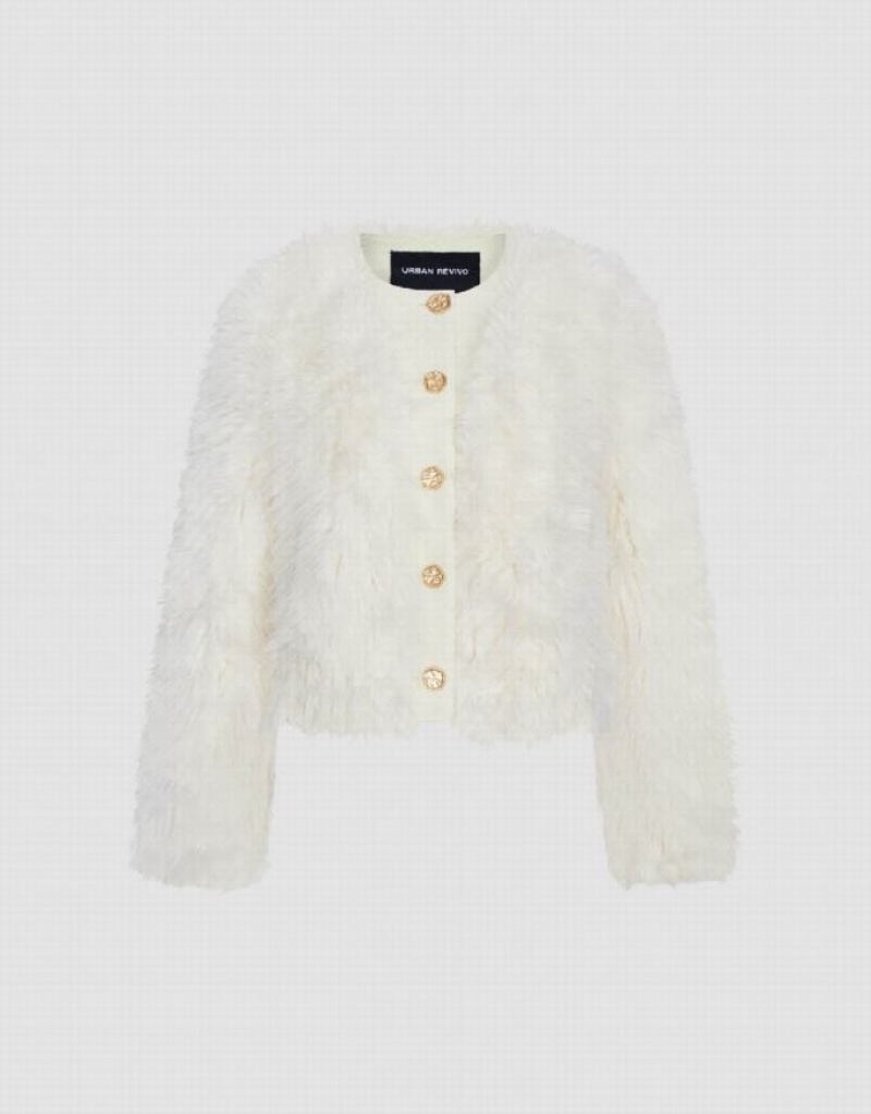 White Urban Revivo Button Up Straight Furry Women's Coats | 56902AMDW