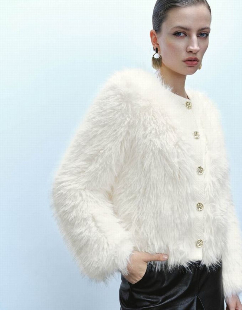 White Urban Revivo Button Up Straight Furry Women's Coats | 56902AMDW