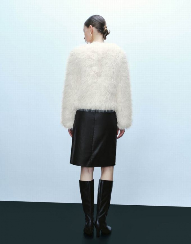 White Urban Revivo Button Up Straight Furry Women's Coats | 56902AMDW