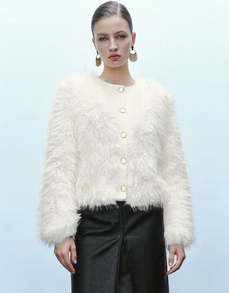 White Urban Revivo Button Up Straight Furry Women\'s Coats | 56902AMDW