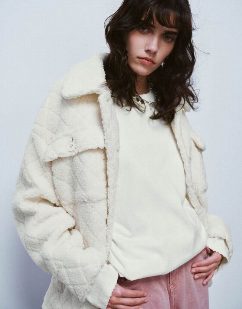 White Urban Revivo Button Up Straight Furry Women's Jacket | 17639DEXL