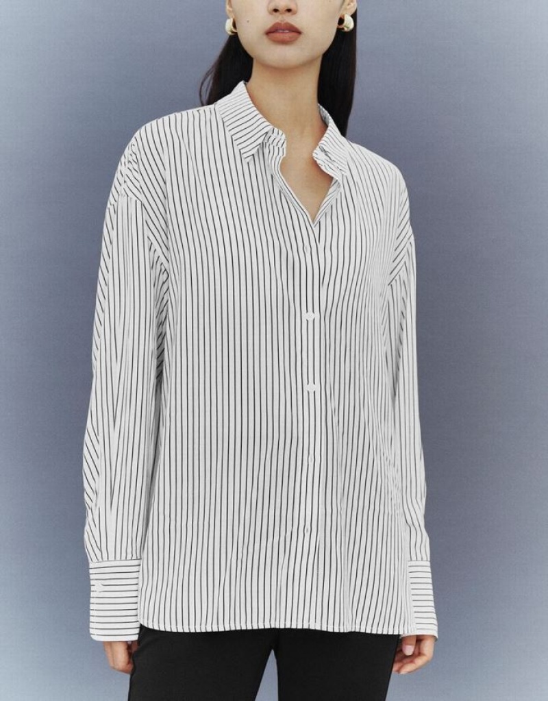 White Urban Revivo Button Up Striped Straight Women's Shirts | 47183VANR