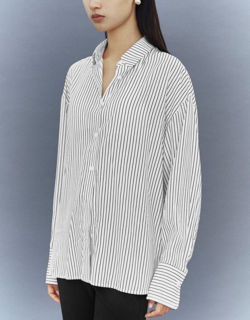 White Urban Revivo Button Up Striped Straight Women's Shirts | 47183VANR