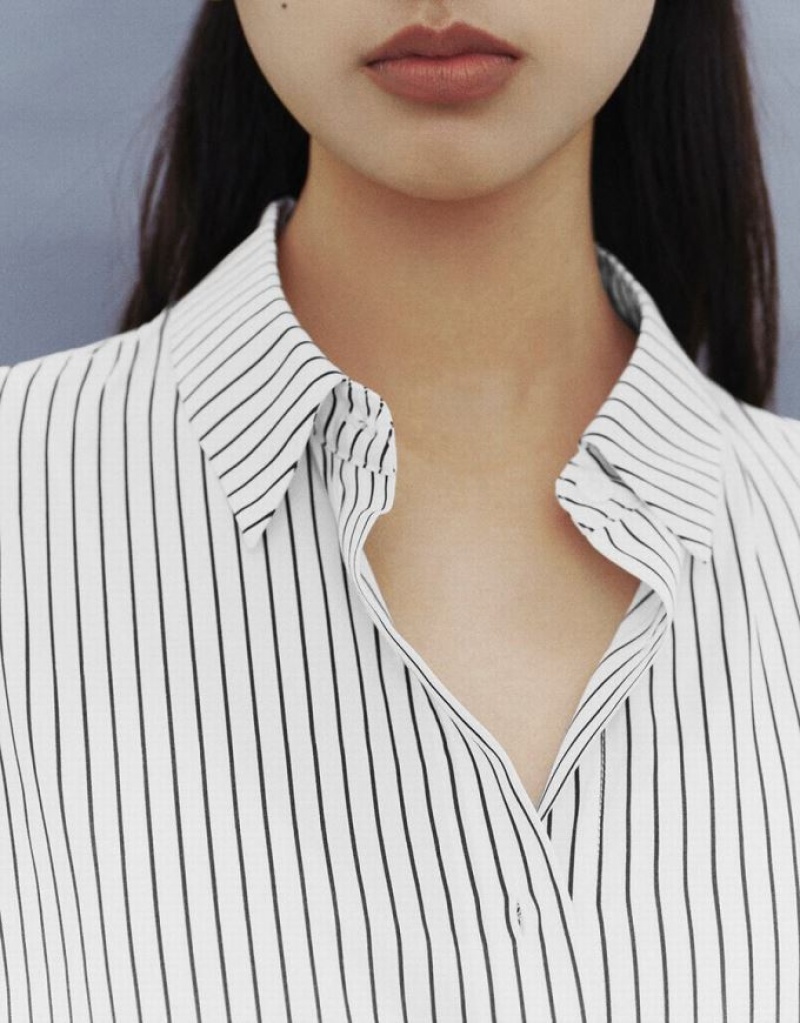 White Urban Revivo Button Up Striped Straight Women's Shirts | 47183VANR