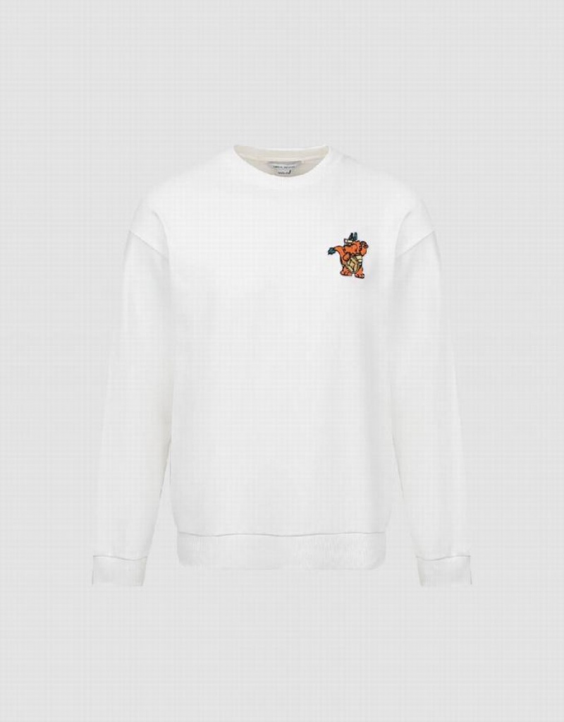 White Urban Revivo Cartoon Embossed Crew Neck Men's Sweatshirts | 07634NEJC