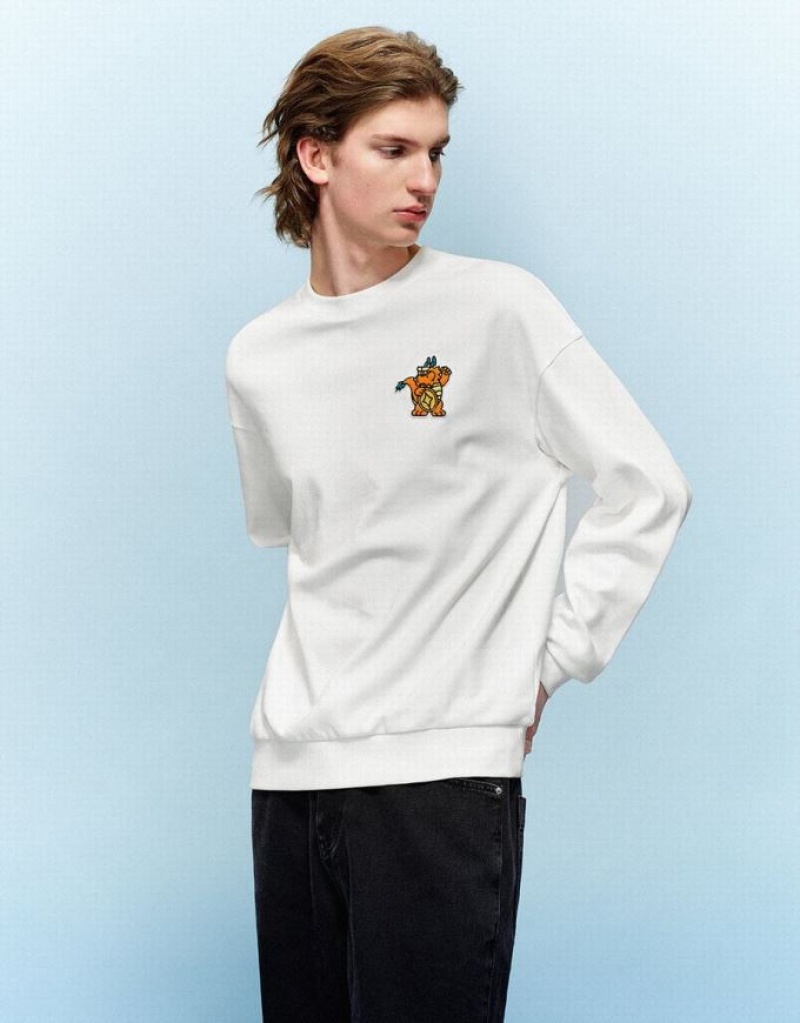 White Urban Revivo Cartoon Embossed Crew Neck Men's Sweatshirts | 07634NEJC