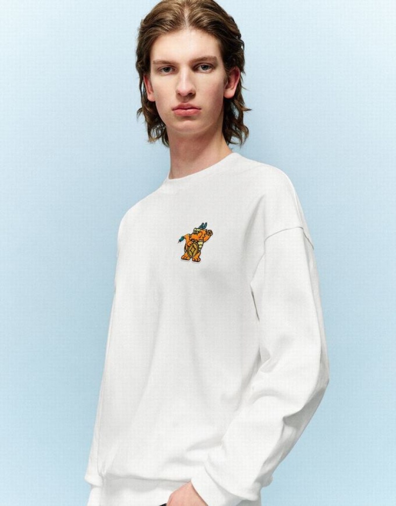 White Urban Revivo Cartoon Embossed Crew Neck Men's Sweatshirts | 07634NEJC