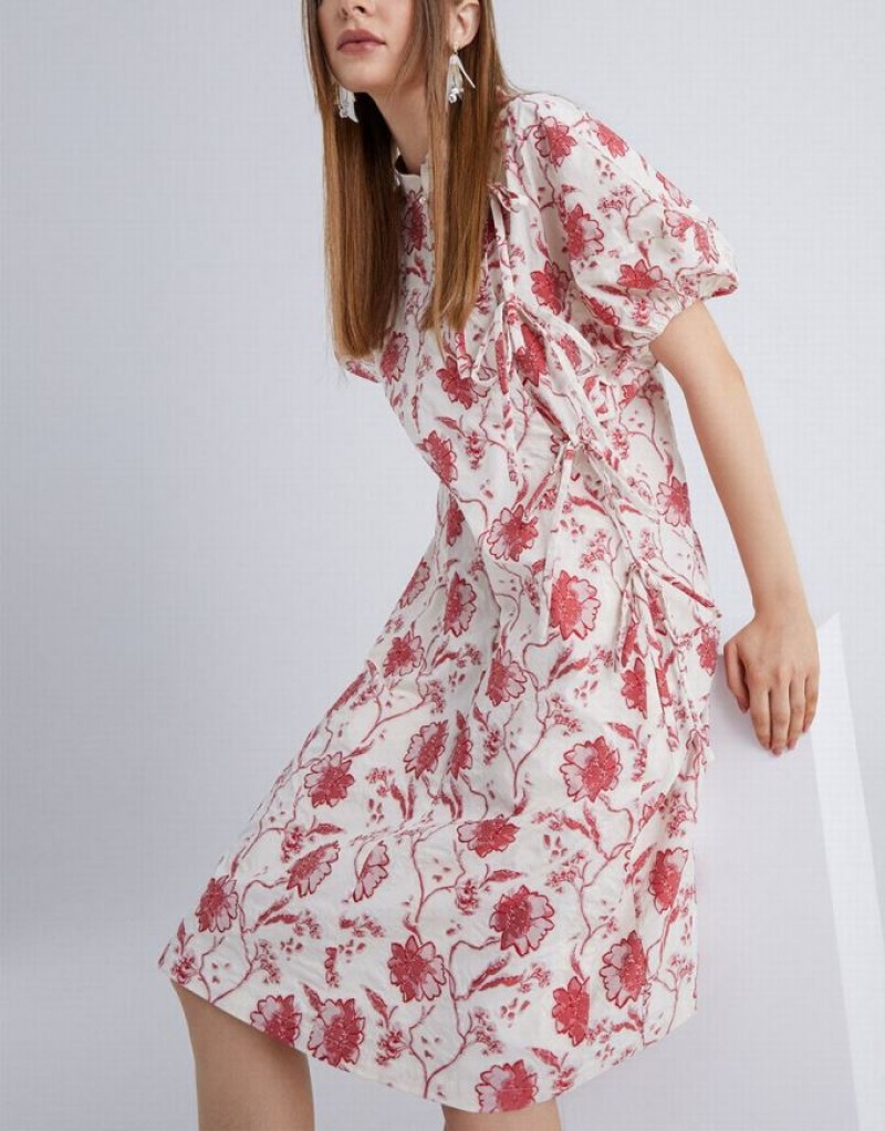 White Urban Revivo Chinese Style Floral Print Puff Sleeve Women's Casual Dress | 90512JILZ