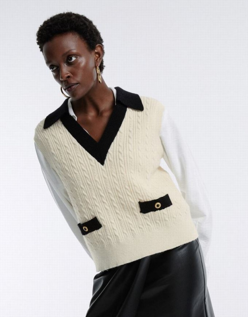 White Urban Revivo Contrast Trim Women's Sweaters | 25980XCDY