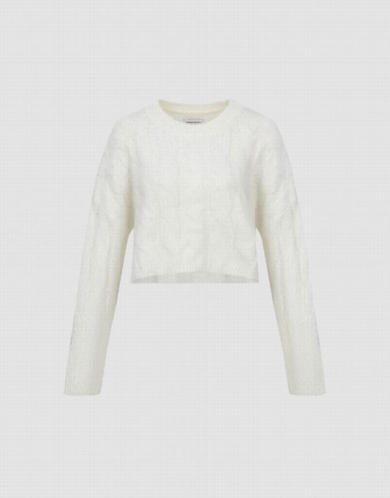 White Urban Revivo Crew Neck Cable Knitted Women's Cardigan | 14085KLVJ