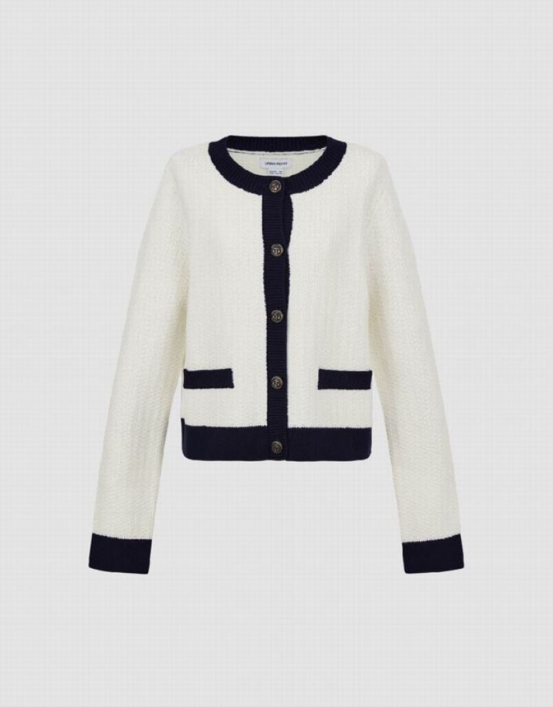 White Urban Revivo Crew Neck Knitted Women's Cardigan | 85936OTMB