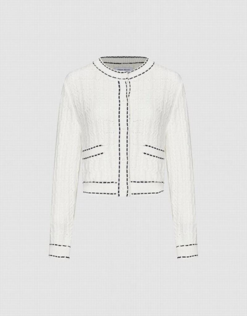 White Urban Revivo Crew Neck Knitted Women's Cardigan | 56047MWNQ