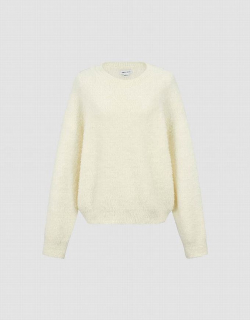 White Urban Revivo Crew Neck Loose Women's Sweaters | 54063RCSO