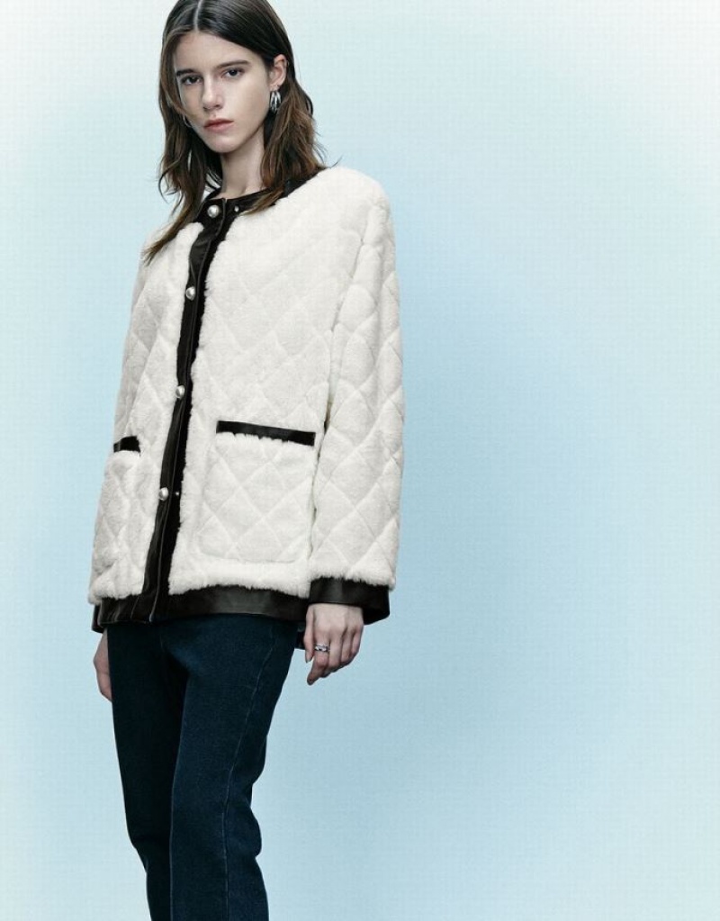 White Urban Revivo Crew Neck Straight Furry Women's Coats | 91473KQDN