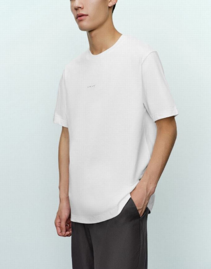 White Urban Revivo Crew Neck Straight Men's T-Shirts | 10796QLUT