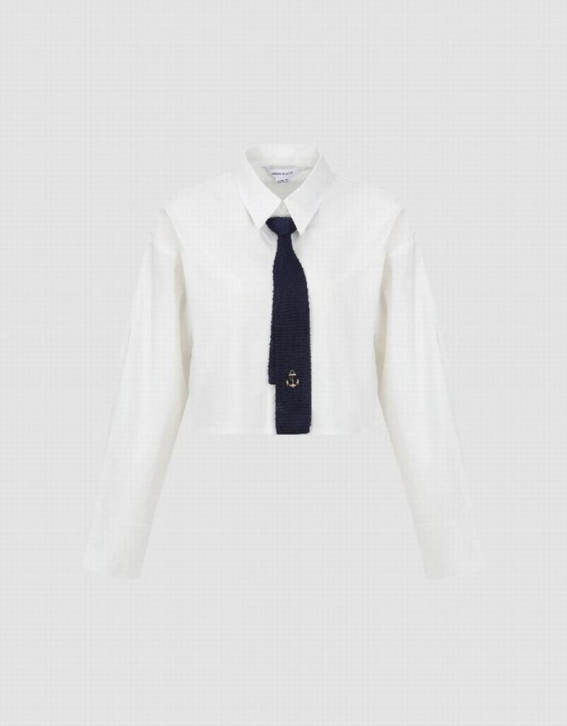 White Urban Revivo Cropped Straight With Tie Women's Shirts | 89746NZIS