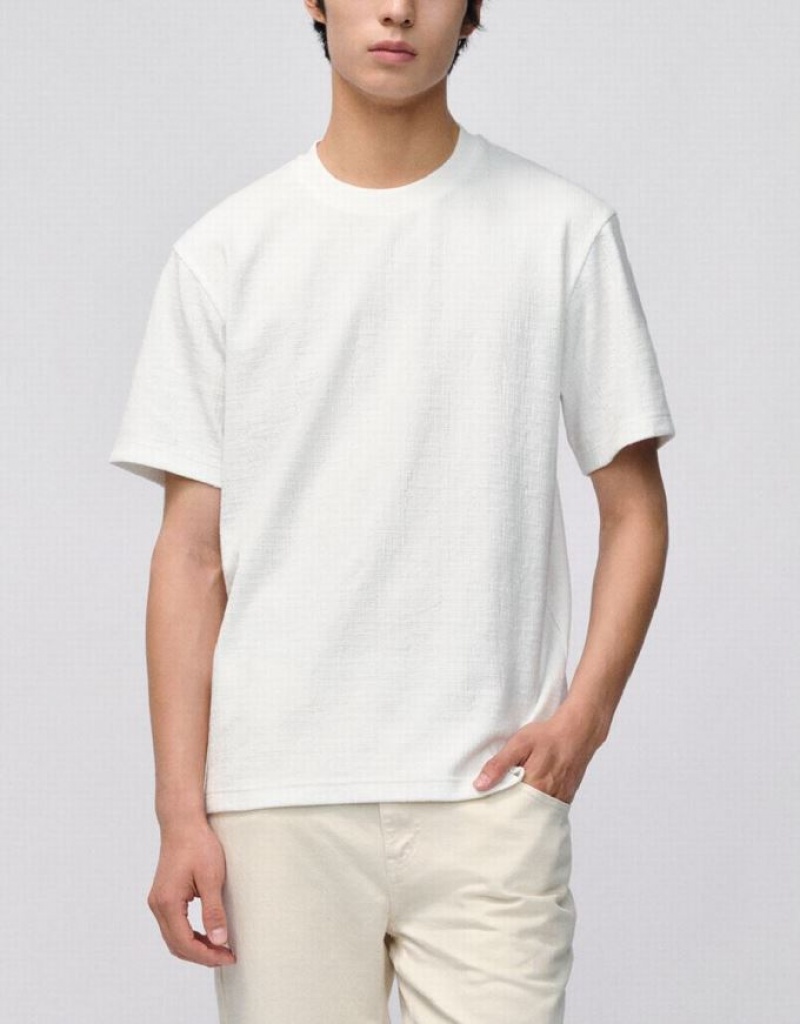 White Urban Revivo Drop Shoulder Sleeve Crew Neck Men's T-Shirts | 74136UZXT