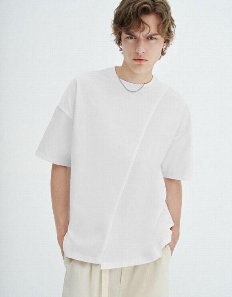 White Urban Revivo Drop Shoulder Sleeve Crew Neck Men's T-Shirts | 04178MLPD